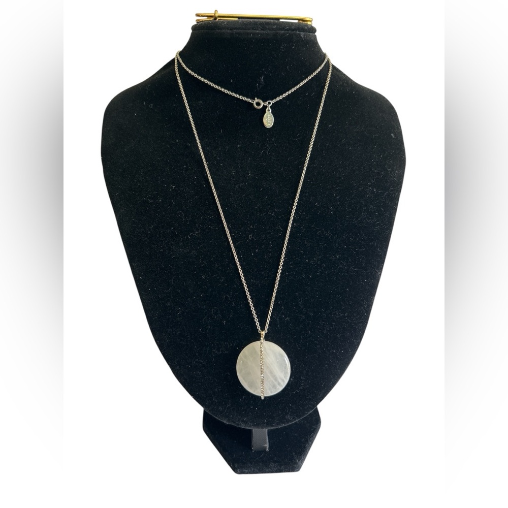 LOFT Mother Of Pearl Rhinestone Line Circle Pendant Silver Tone Necklace